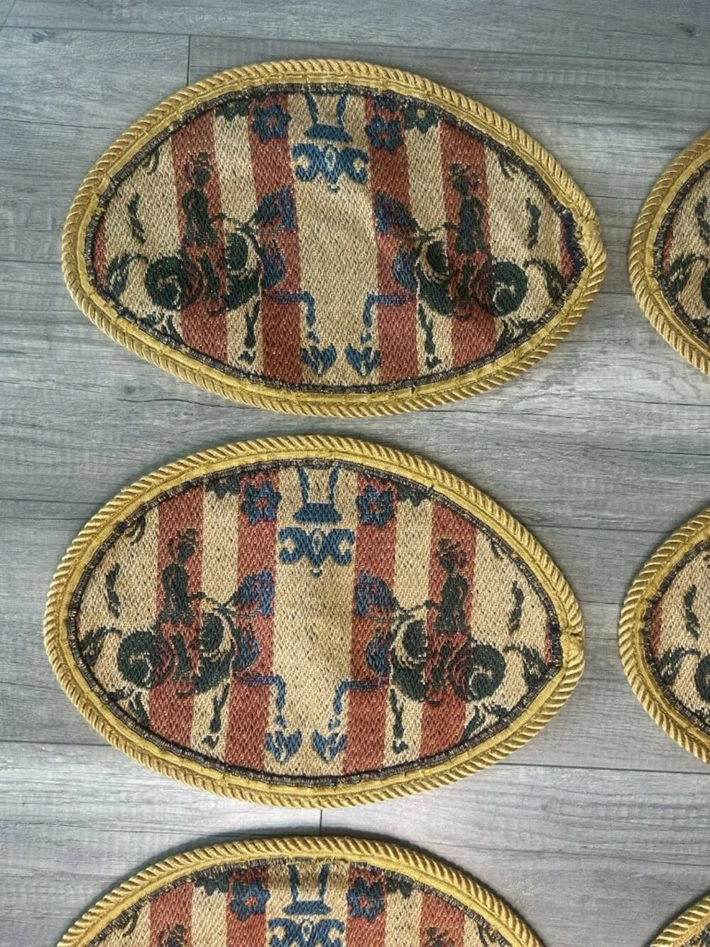 Set 6 Equestrian Horse Tapestry Oval Placemats Gold Cord English Country Vintage